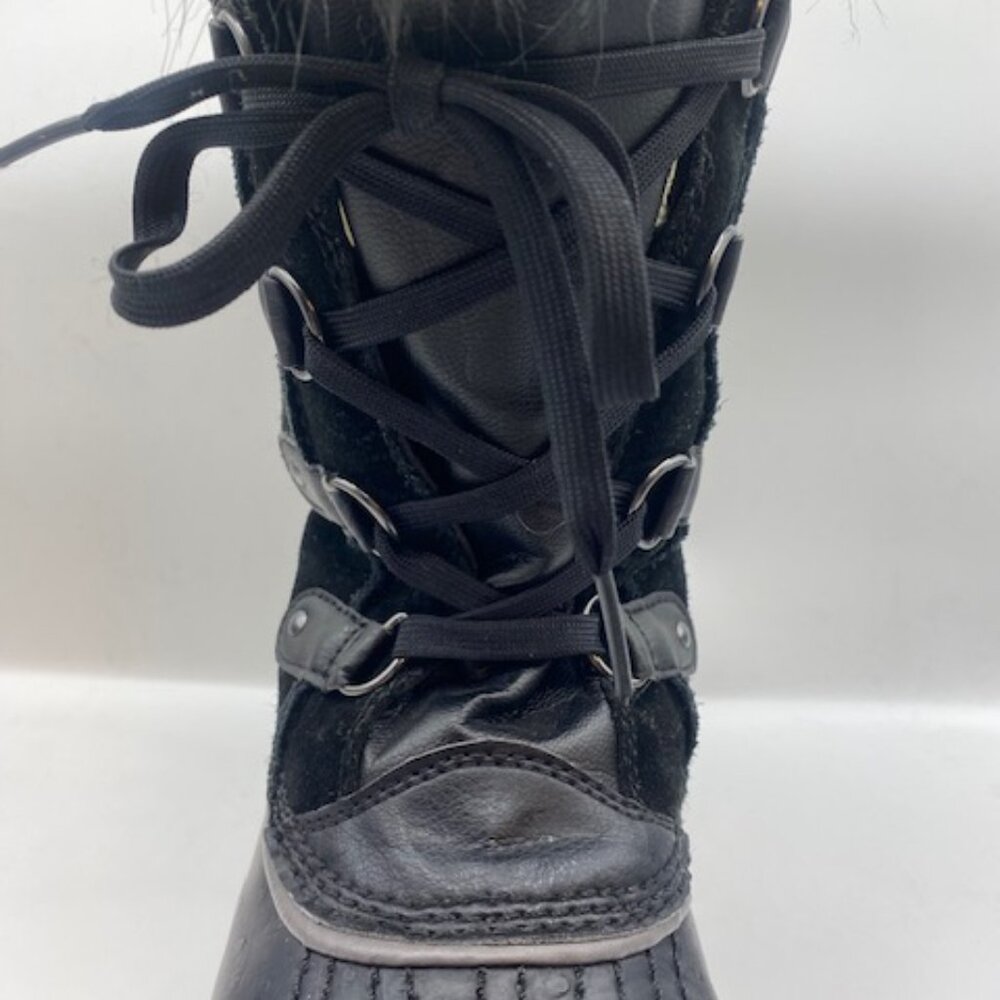 Kids SOREL black and blue lace up snow boots faux fur - Picture 4 of 13